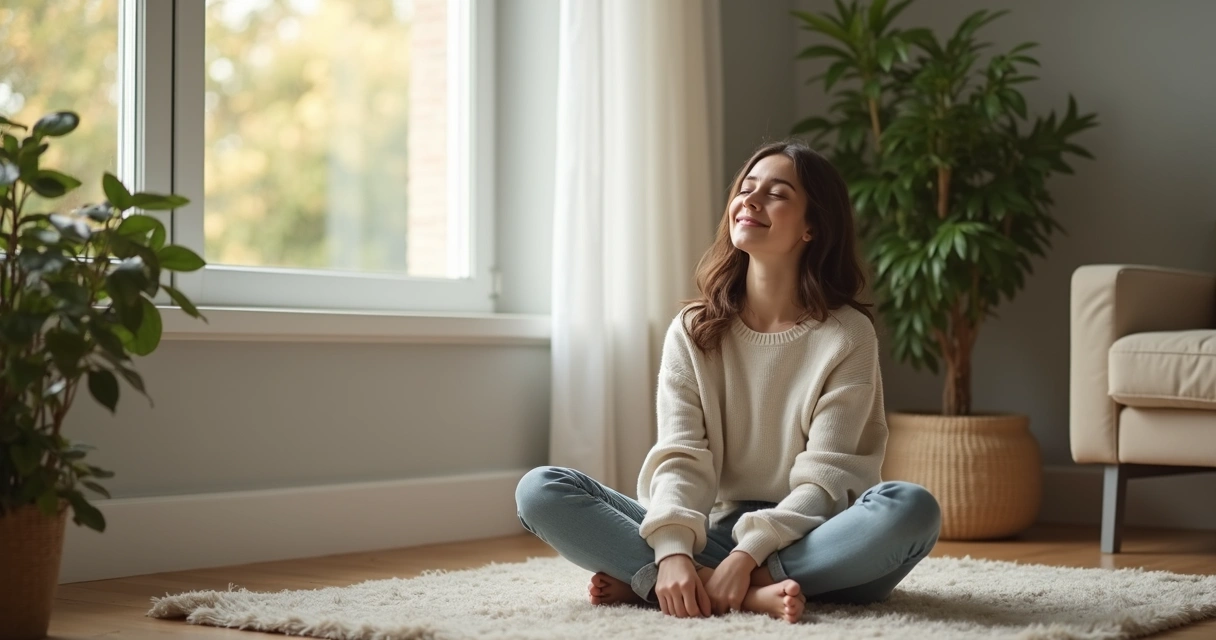 Mulher sentada em postura de meditação em sala com luz suave