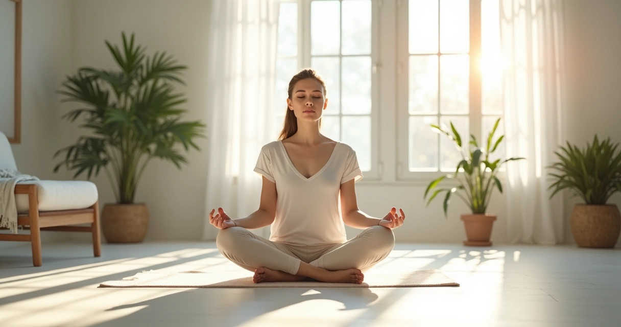 Mulher sentada meditando em sala branca iluminada pelo sol 