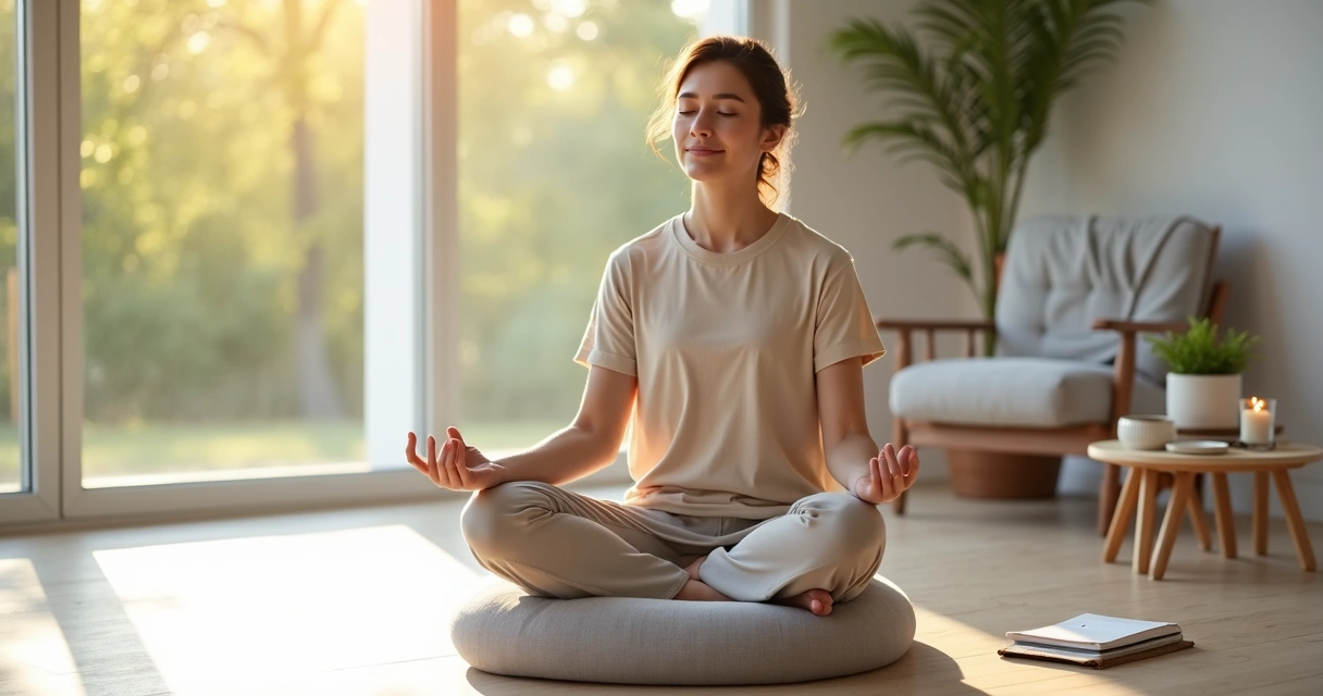 Pessoa sentada meditando em posição de lótus em sala clara e minimalista 