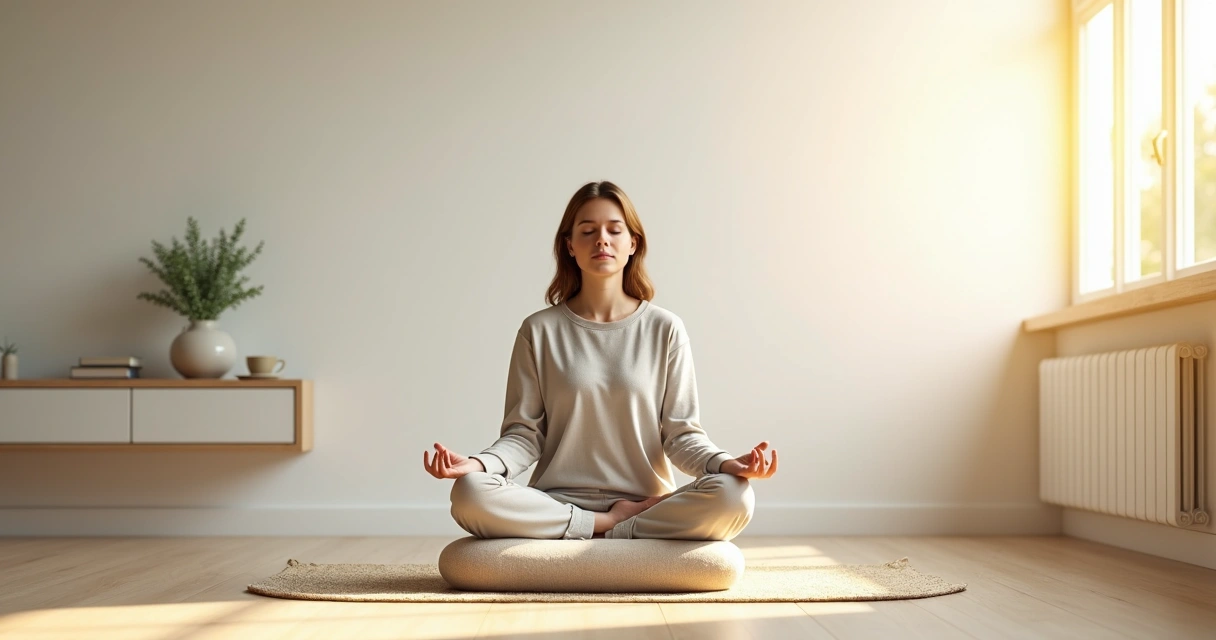 Mulher sentada meditando em sala minimalista com luz suave 