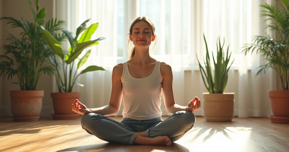 Mulher sentada em posição de meditação em sala clara, sorrindo, com plantas ao fundo 