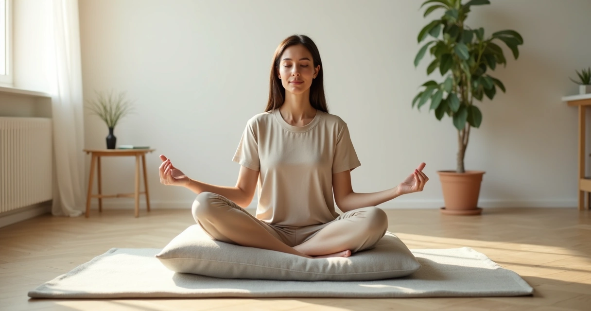 Pessoa sentada meditando serenamente em sala clara e minimalista 
