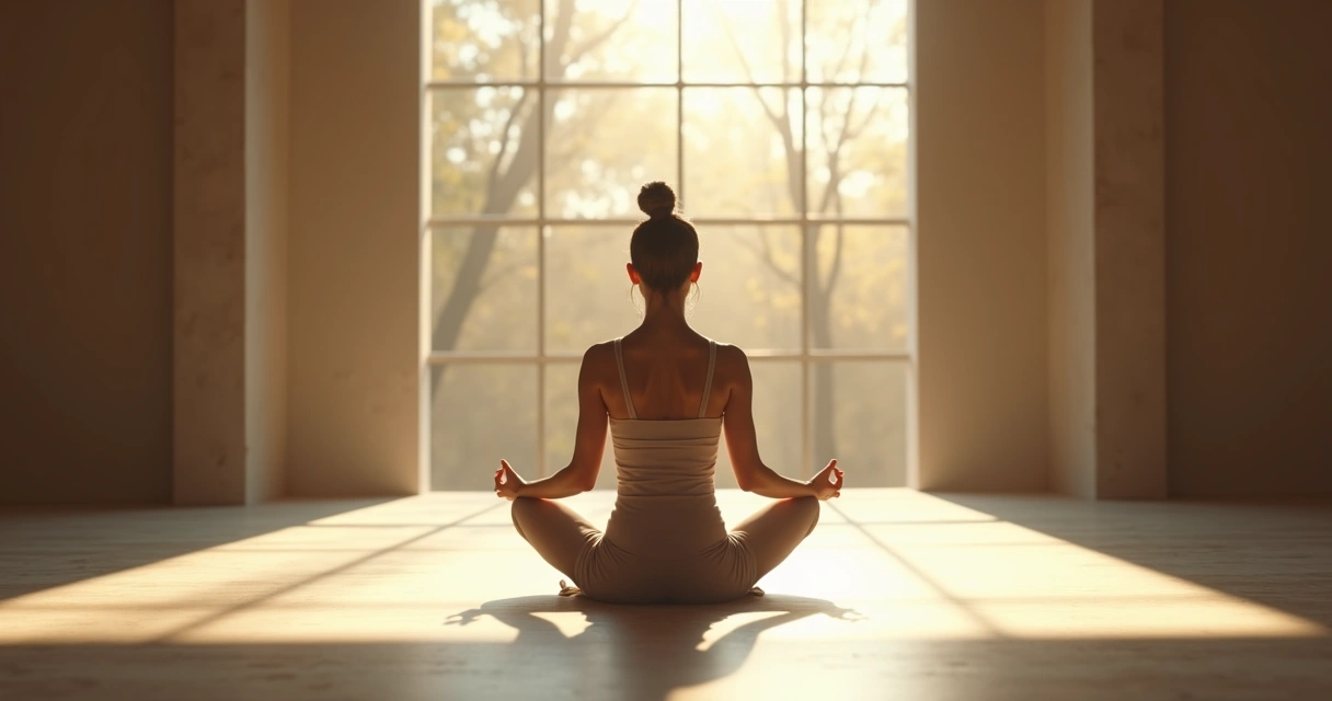 Mulher sentada sozinha em postura de meditação em local silencioso, com luz suave