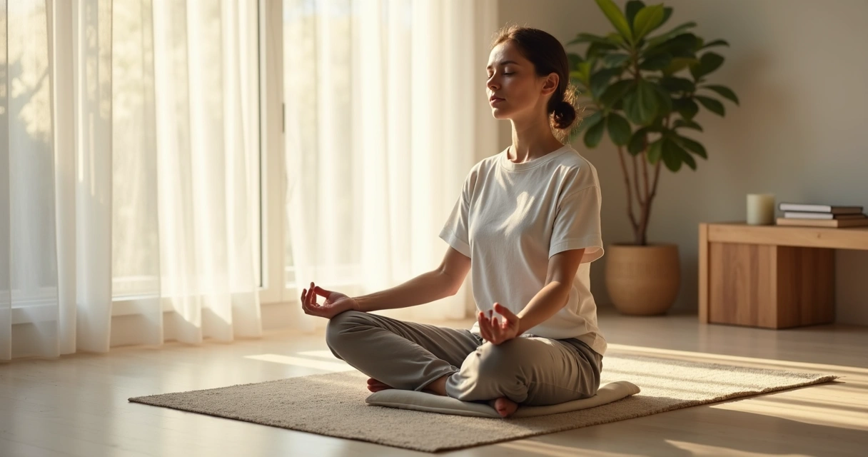 Mulher sentada em meditação em sala minimalista banhada por luz suave 