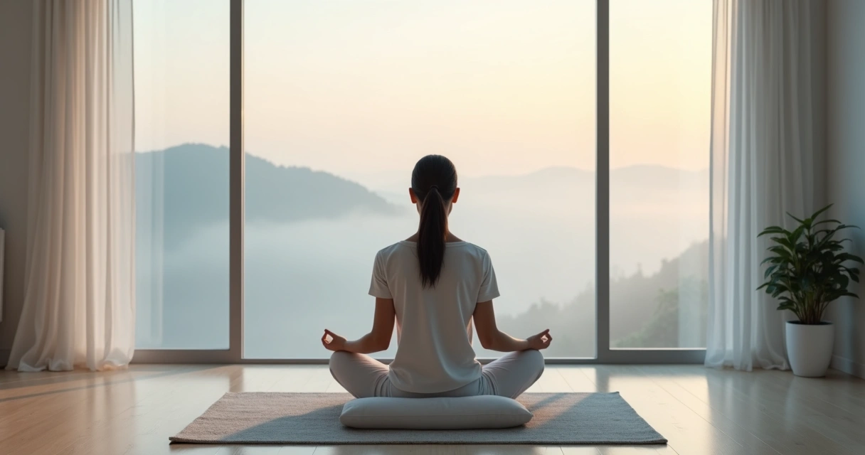 Mulher sentada meditando em silêncio diante de uma janela iluminada 