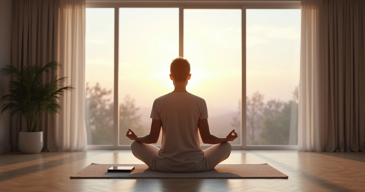 Mulher sentada meditando em silêncio diante de uma grande janela com luz suave 