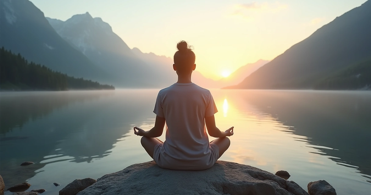 Pessoa sentada em meditação silenciosa diante de montanhas ao nascer do sol 