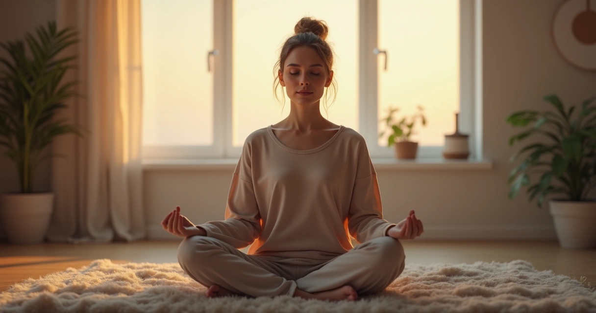 Mulher sentada de olhos fechados meditando em um ambiente sob iluminação suave