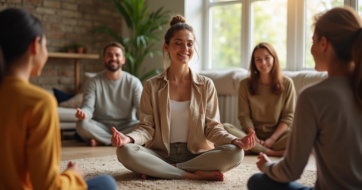 Mulher meditando sentada em grupo sorrindo 