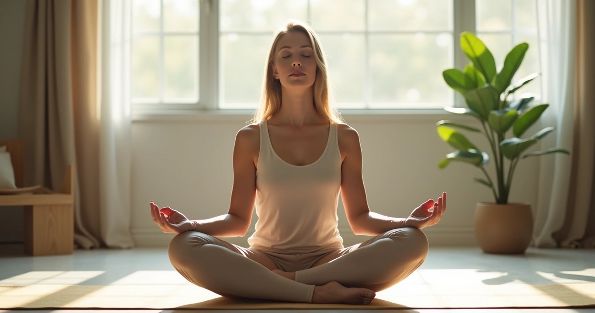 Mulher sentada meditando sozinha em ambiente iluminado, planta ao fundo 