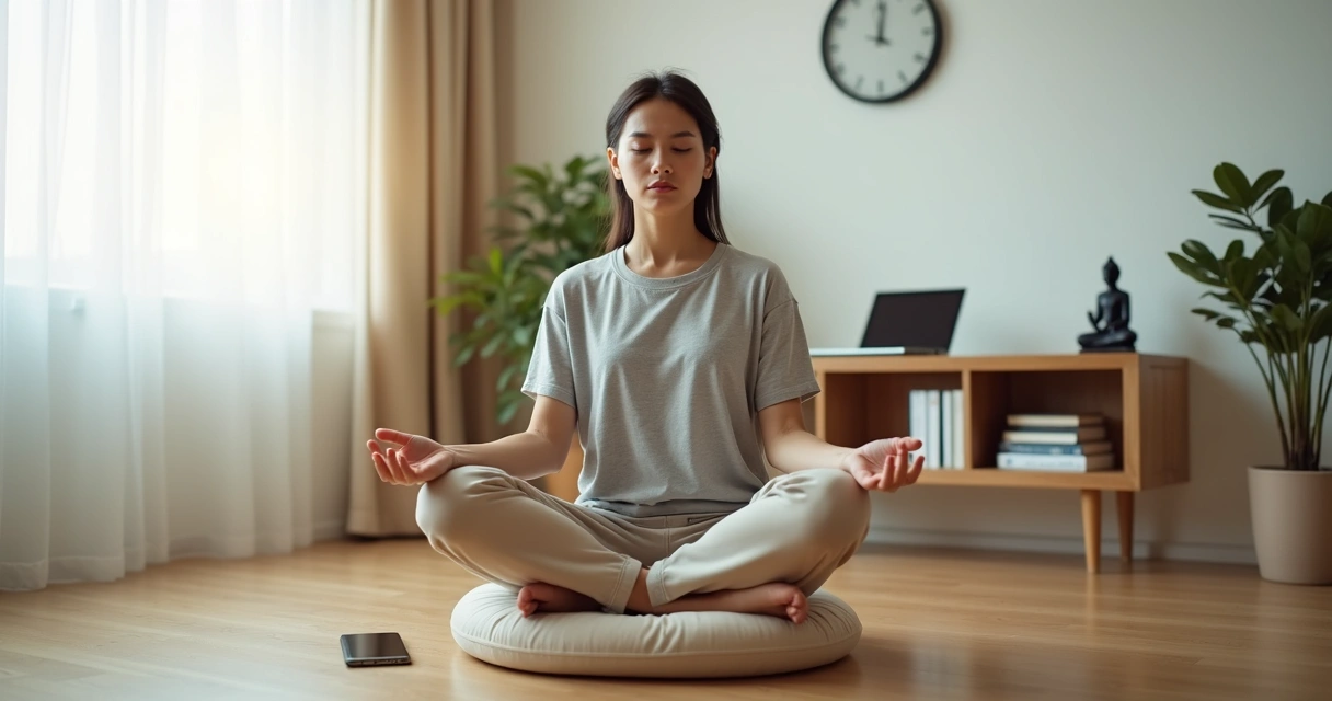 Pessoa meditando sozinha em posição de lótus em uma sala tranquila 