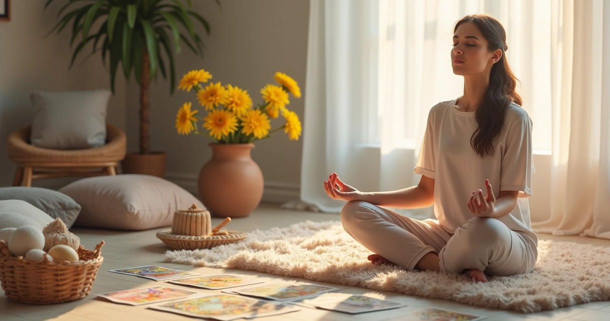 Mulher sentada, meditando ao lado de cartas de tarot e flores 
