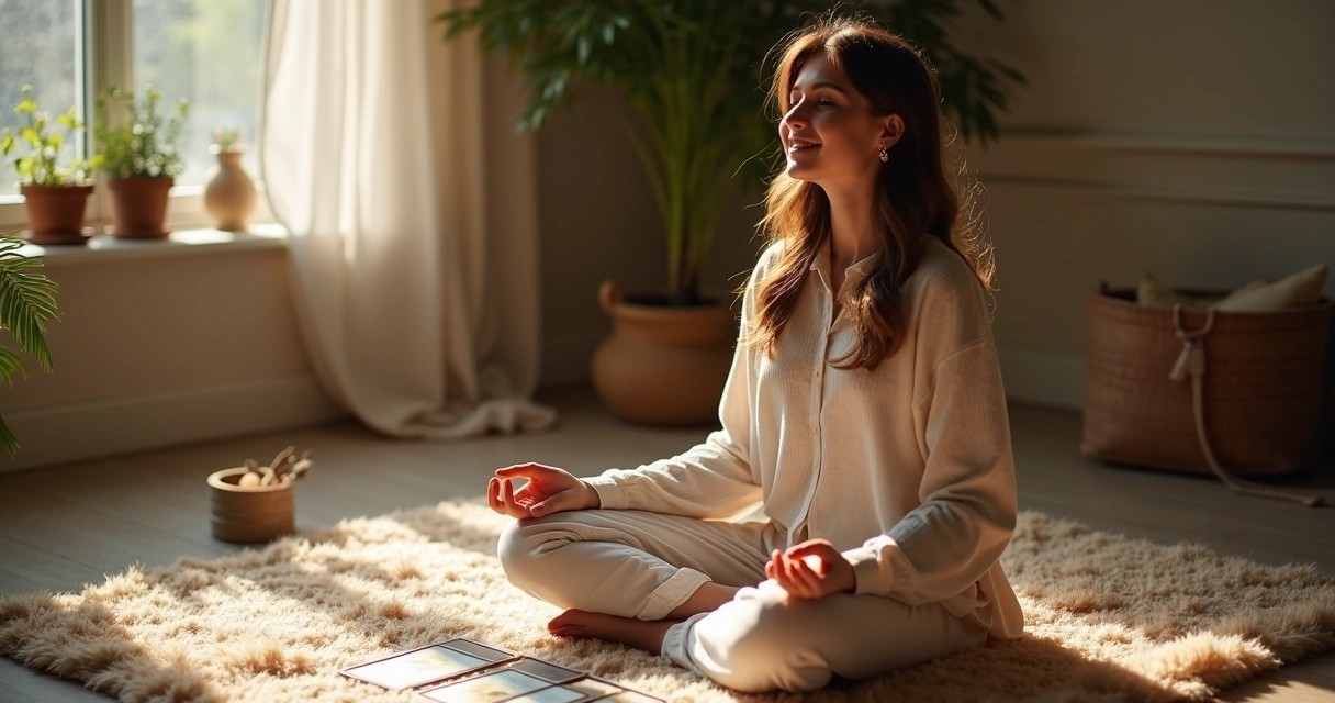 Mulher sentada meditando com baralho de tarot 