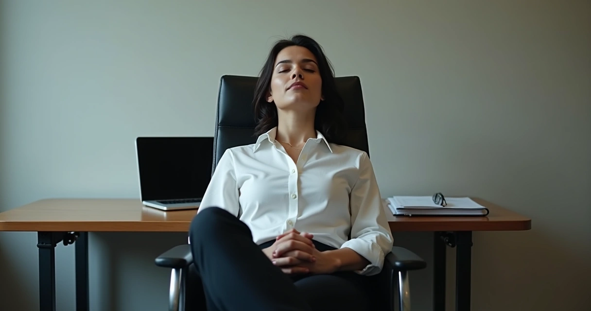 Mulher em postura de meditação sentada em cadeira no escritório 