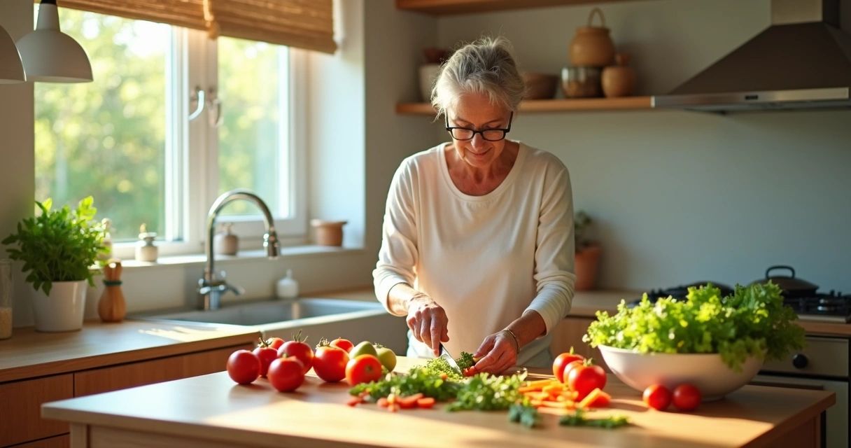Mulher de meia-idade preparando refeição saudável com legumes frescos