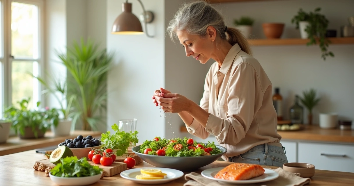Mulher madura preparando refeição saudável com vegetais coloridos na cozinha 