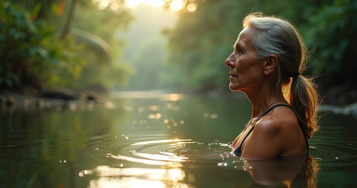 Mulher de meia-idade com expressão pensativa em ambiente amazônico 