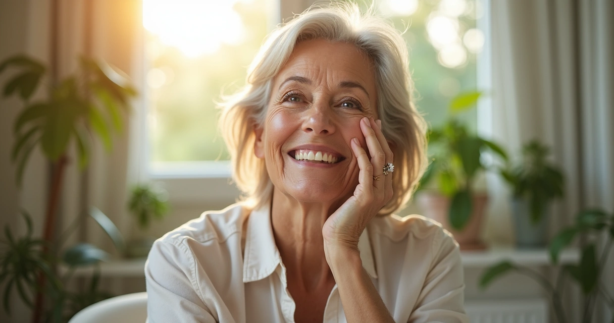 Mulher madura cuidando da pele em ambiente tranquilo com expressão relaxada