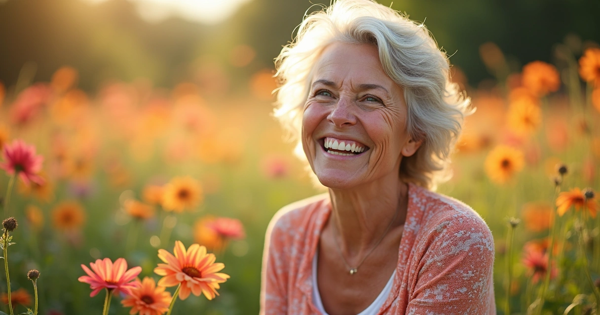 Mulher madura sorridente em jardim florido mostrando autoestima