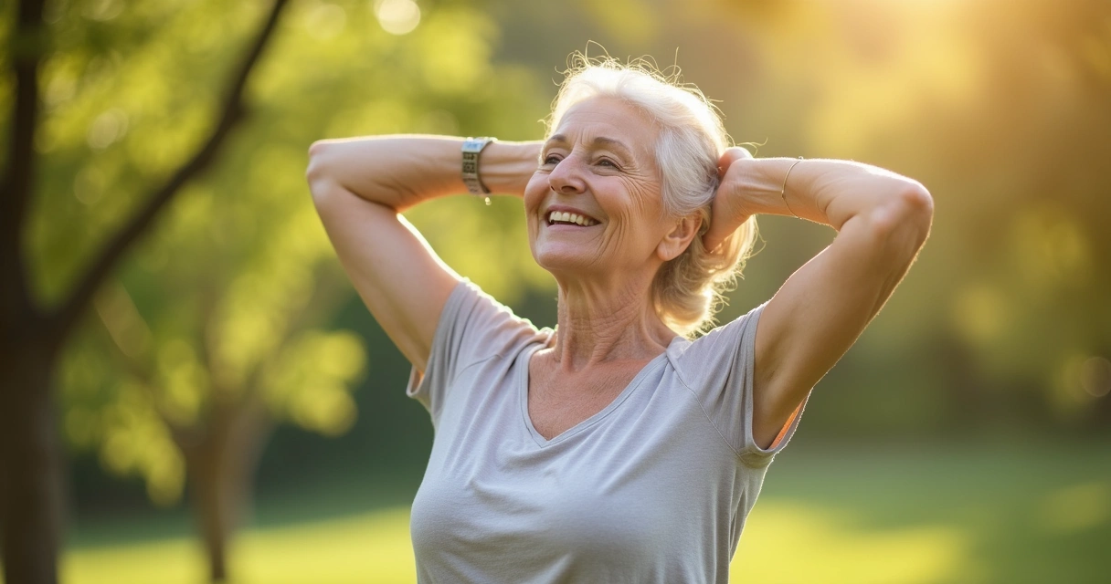 Mulher de meia-idade sorrindo praticando exercícios em ambiente natural