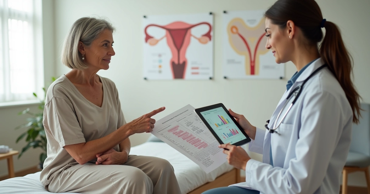 Mulher madura com cicatriz abdominal discreta conversando com médica em consultório acolhedor