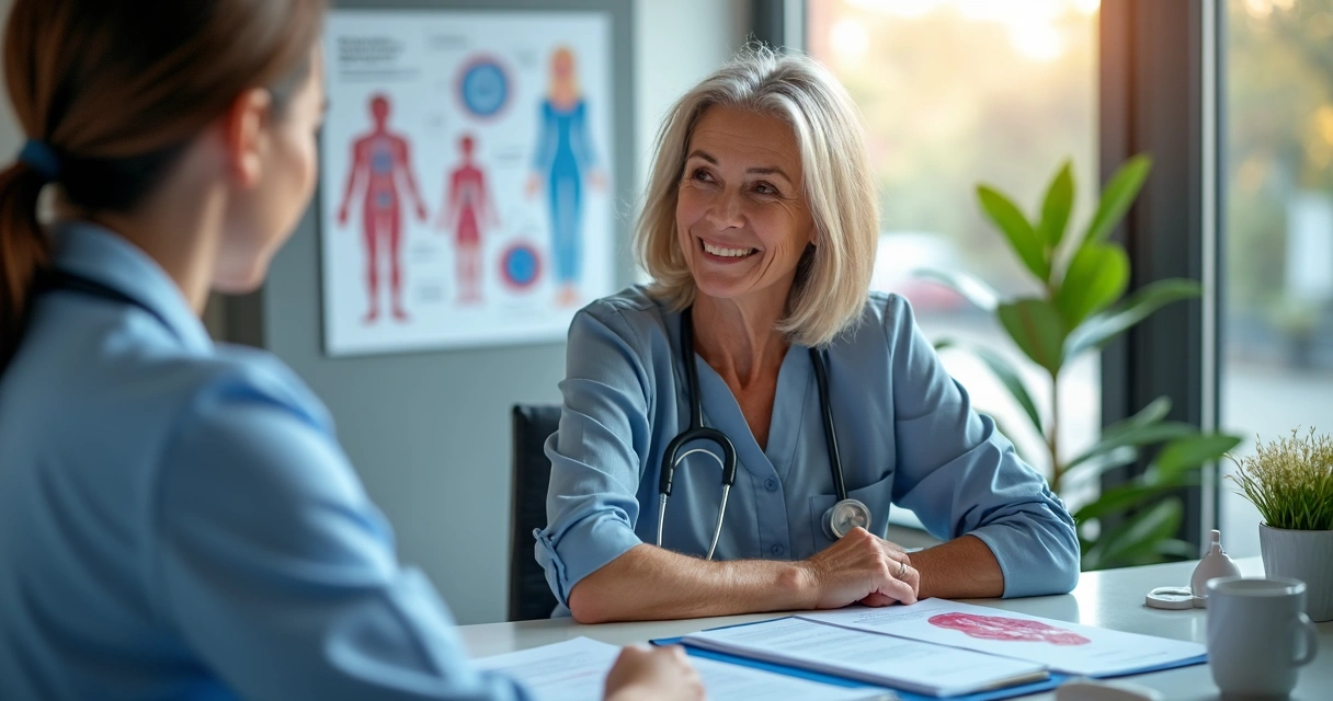 Mulher durante consulta médica para menopausa