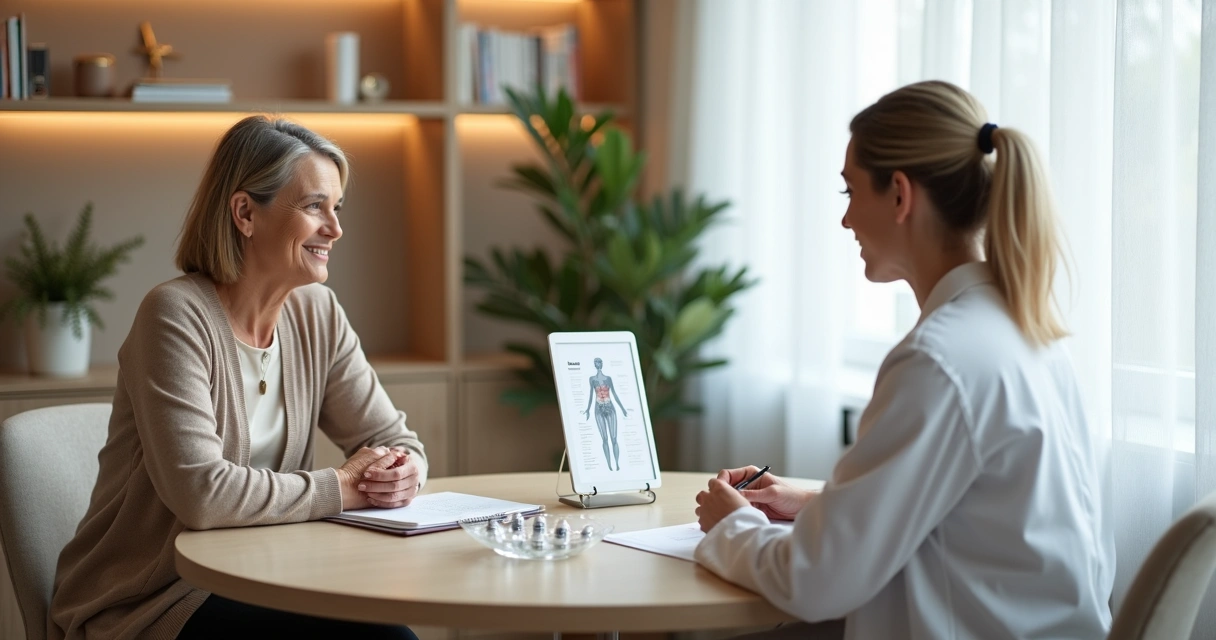 Mulher na menopausa conversando com endocrinologista sobre implante hormonal em consultório acolhedor 