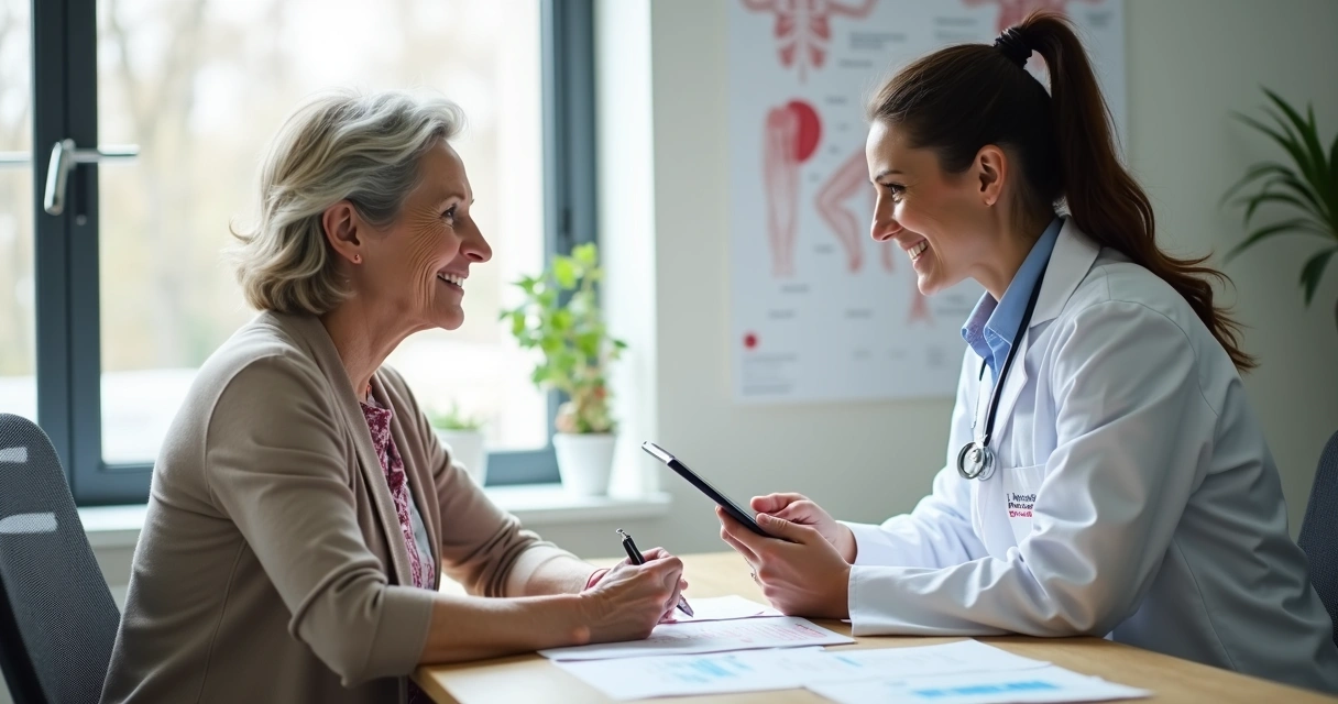 Mulher conversando com endocrinologista em consultório sobre menopausa