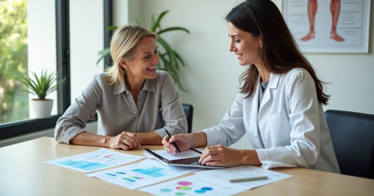Mulher na menopausa analisando exames hormonais detalhados com médica endocrinologista. 