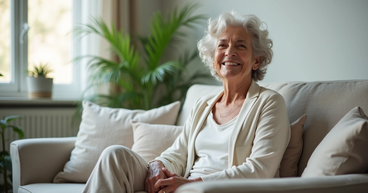 Mulher madura sorrindo, sentada em sofá, expressão de bem-estar
