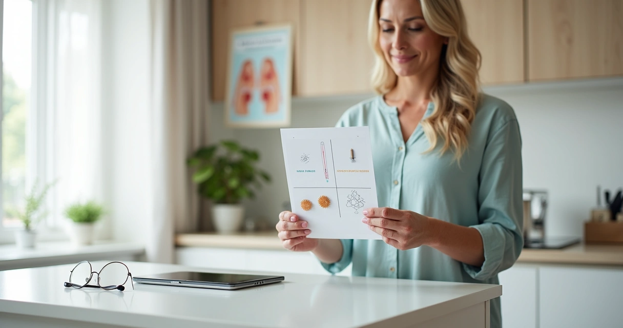 Mulher na menopausa observando cartão com ilustrações de implantes hormonais e hormônios 