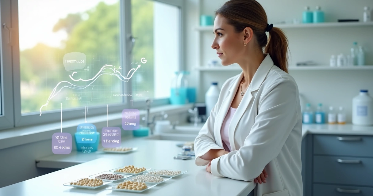 Mulher na menopausa avaliando opções de implantes hormonais em ambiente de laboratório moderno 
