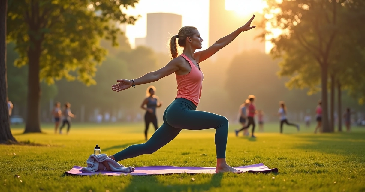 Mulher de meia-idade fazendo ioga em parque ao nascer do sol 