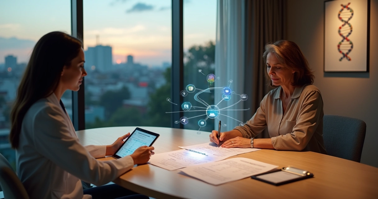 Mulher de meia-idade estudando plano de tratamento para menopausa com hologramas de hormônios 