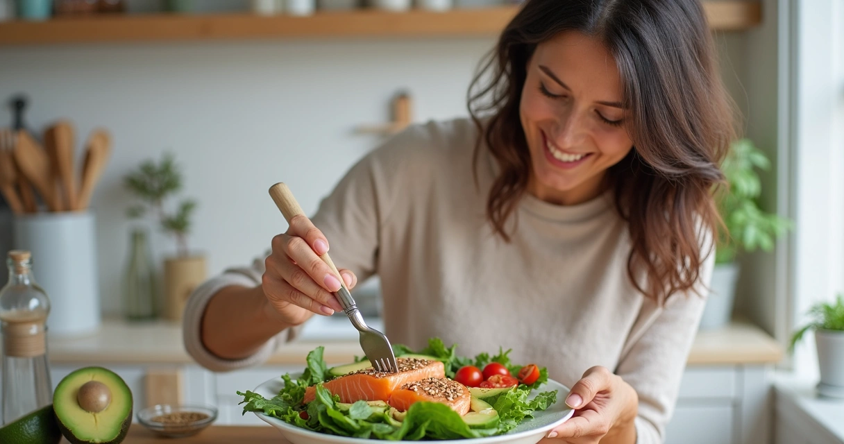 Mulher servindo prato colorido com alimentos anti-inflamatórios 