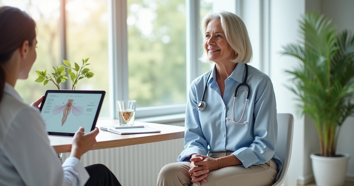 Mulher de meia-idade sorrindo em consulta médica sobre menopausa 