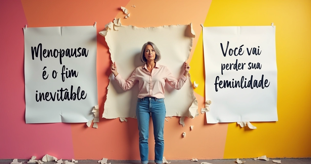 Mulher madura rasgando cartazes com mitos sobre menopausa em cenário colorido 