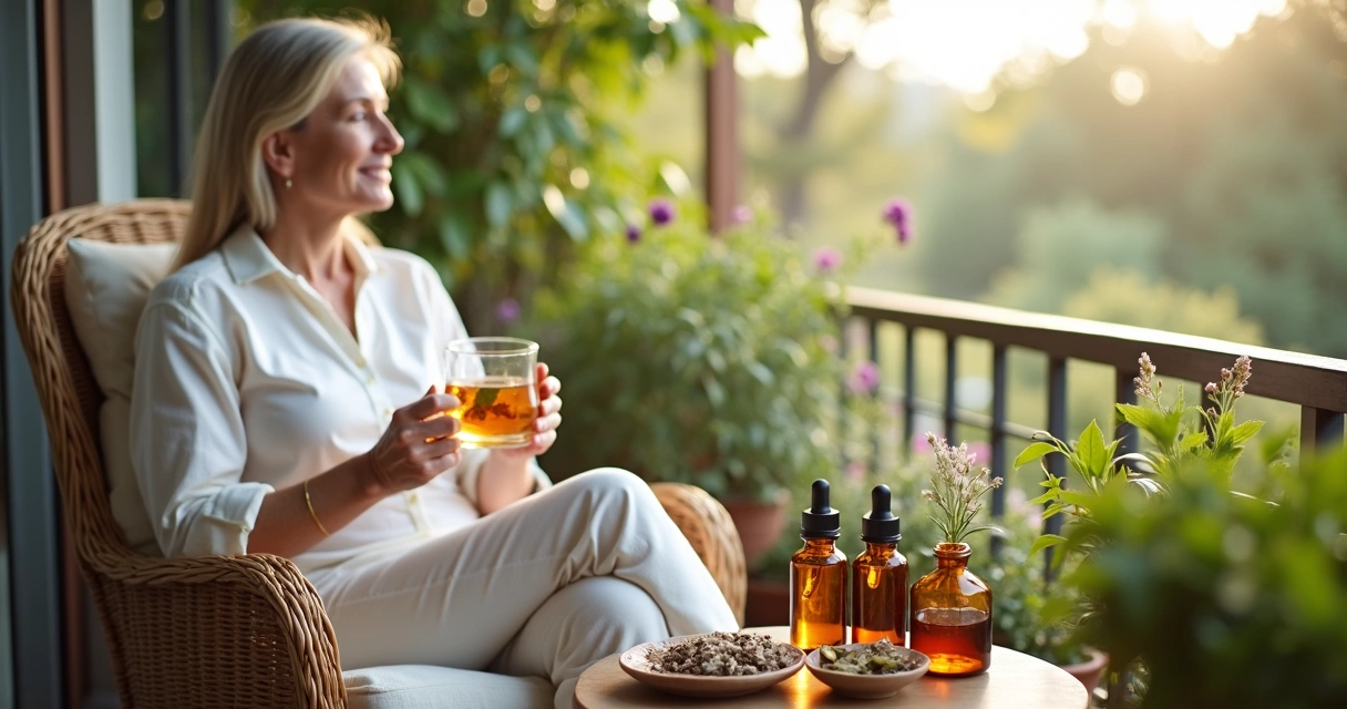 Mulher de meia-idade relaxando em varanda rodeada de plantas medicinais 