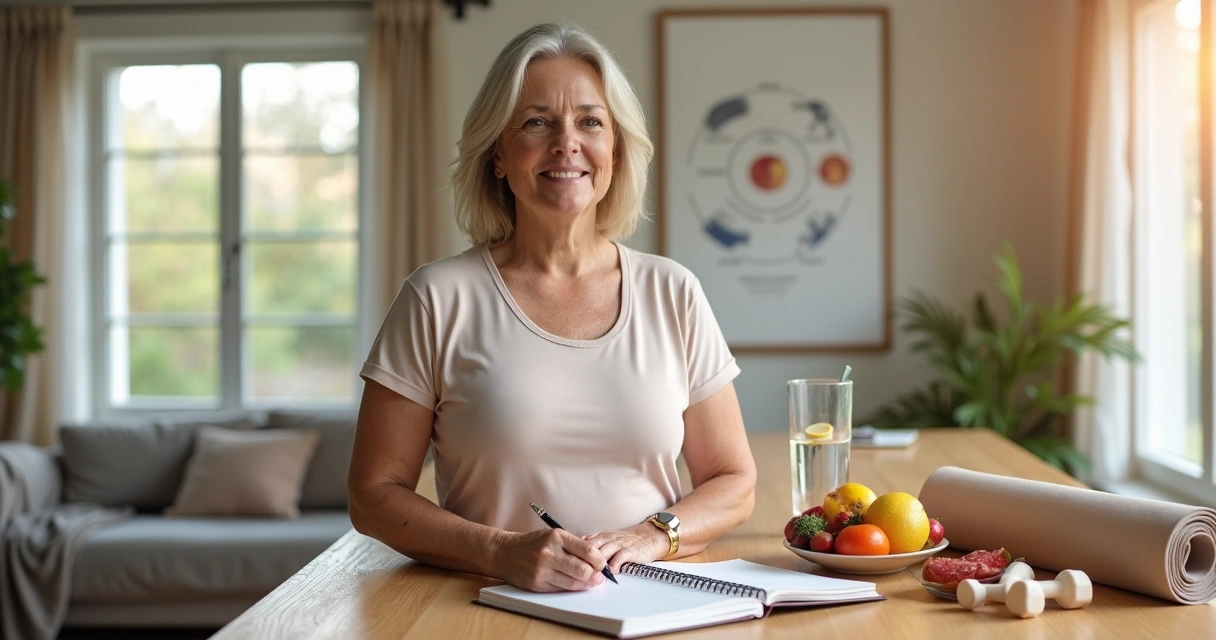 Mulher na menopausa organizando rotina de autocuidado em casa com elementos de wellness ao redor 