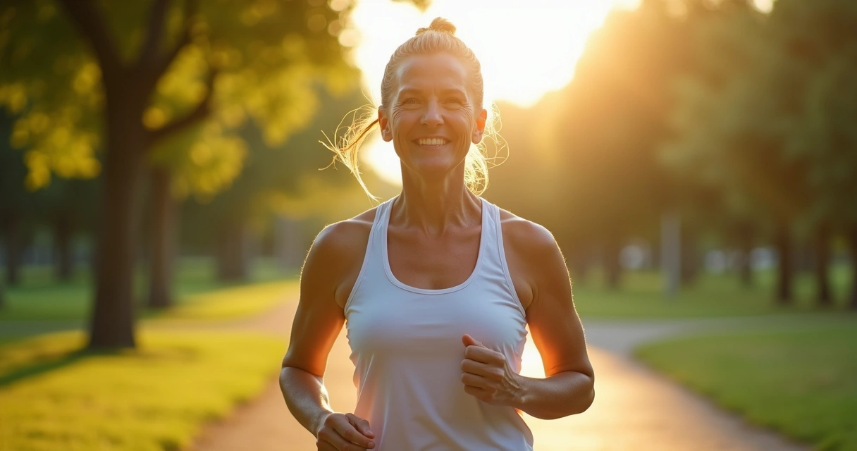 Mulher madura caminhando ao sol com roupa esportiva 