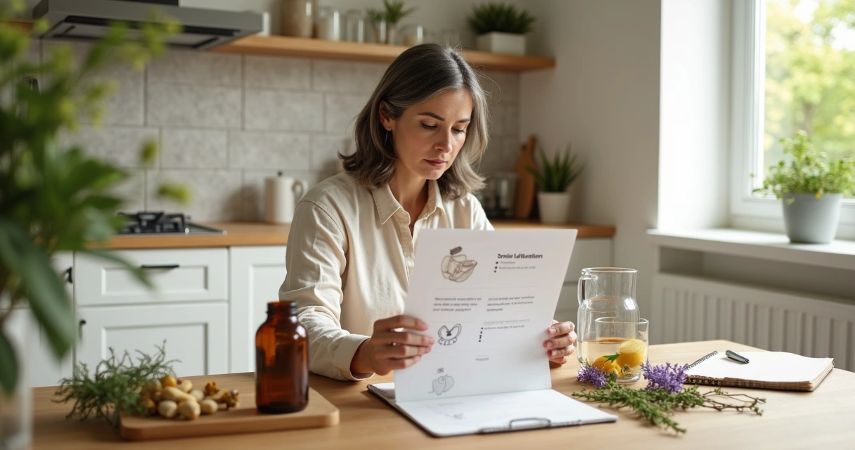 Mulher madura lendo informações sobre suplementos naturais ao lado de ingredientes de origem vegetal. 