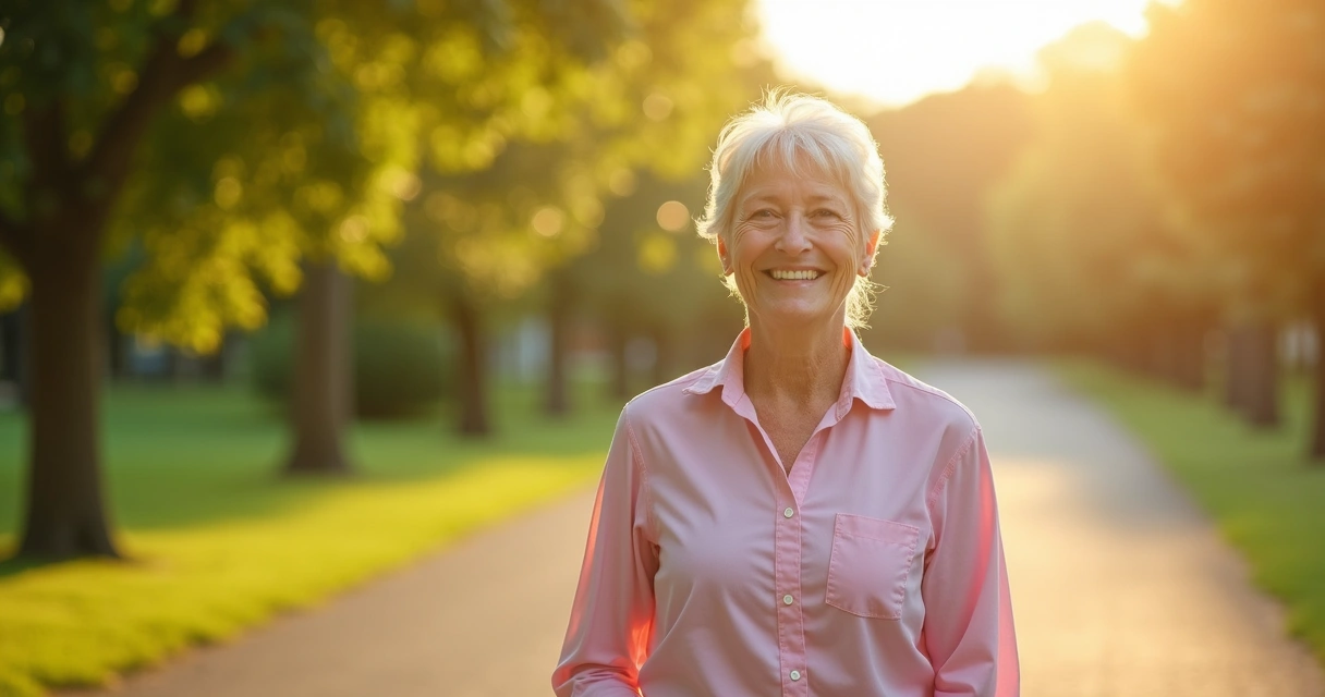 Mulher madura sorridente ao sol, vitalidade após acompanhamento hormonal