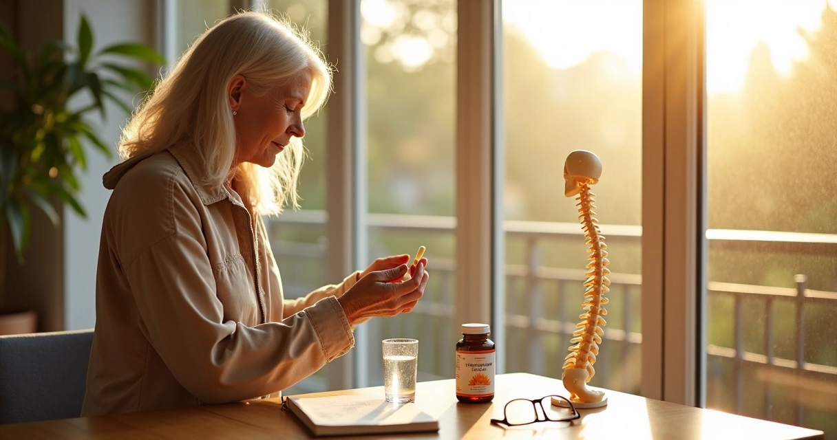 Mulher na menopausa analisando suplemento de vitamina D em ambiente iluminado pelo sol 