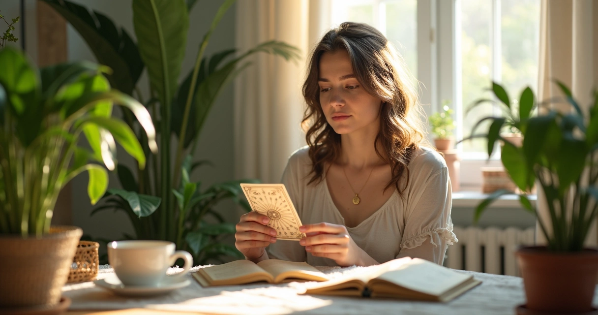 Mulher pensativa segurando carta de tarot perto do coração em ambiente iluminado. 