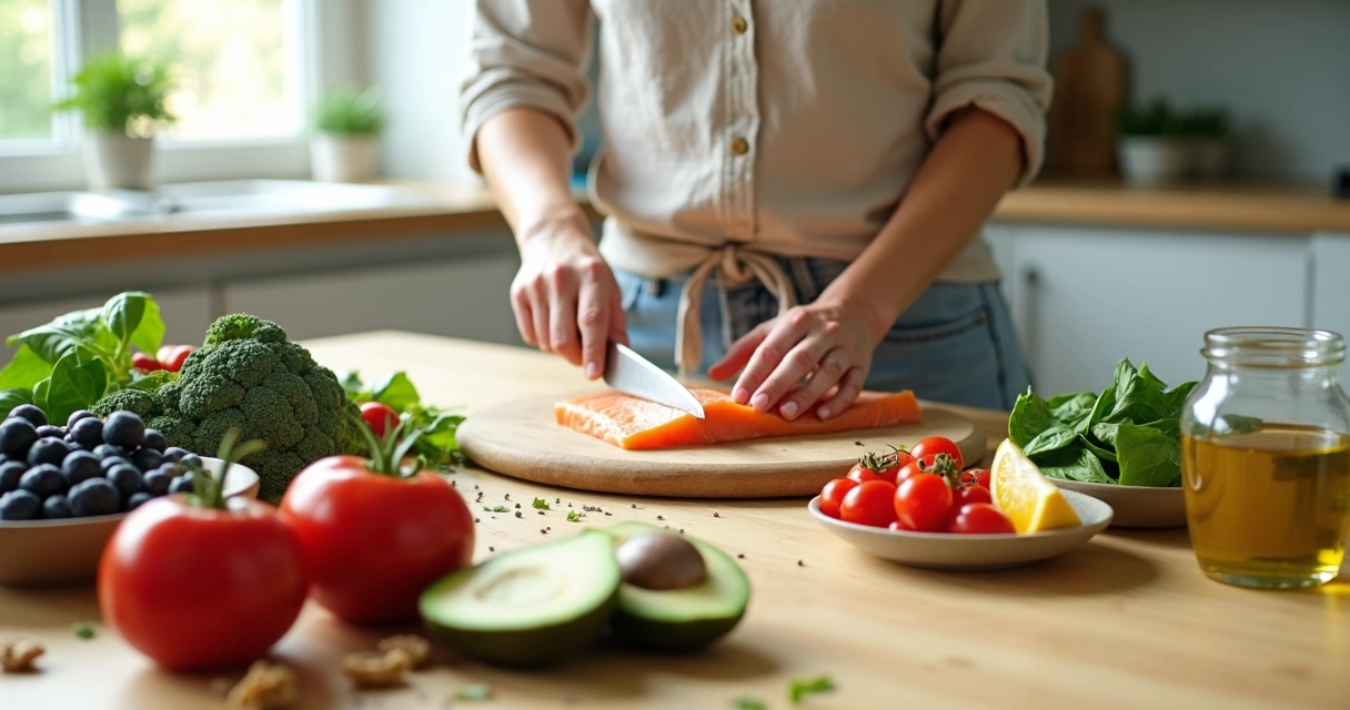 Mulher madura preparando refeição com alimentos anti-inflamatórios coloridos sobre a mesa 