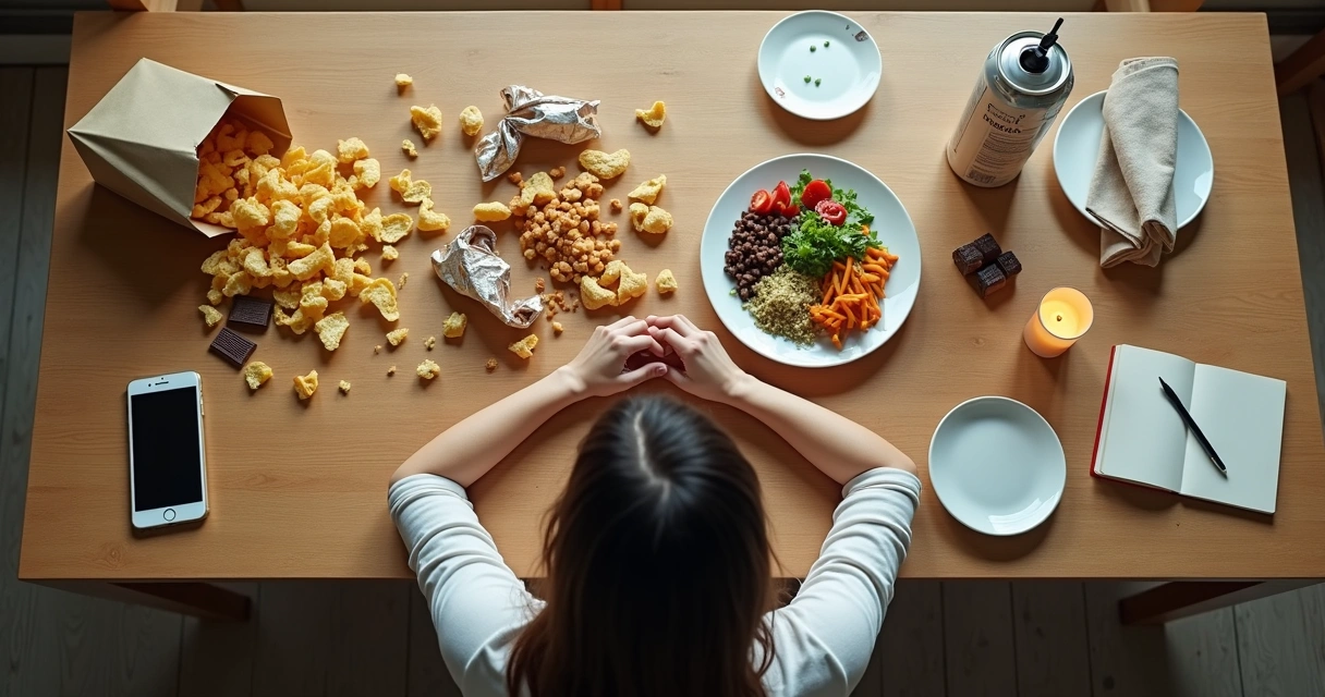 Mulher vista de cima em mesa metade caótica metade organizada com alimentos variados 
