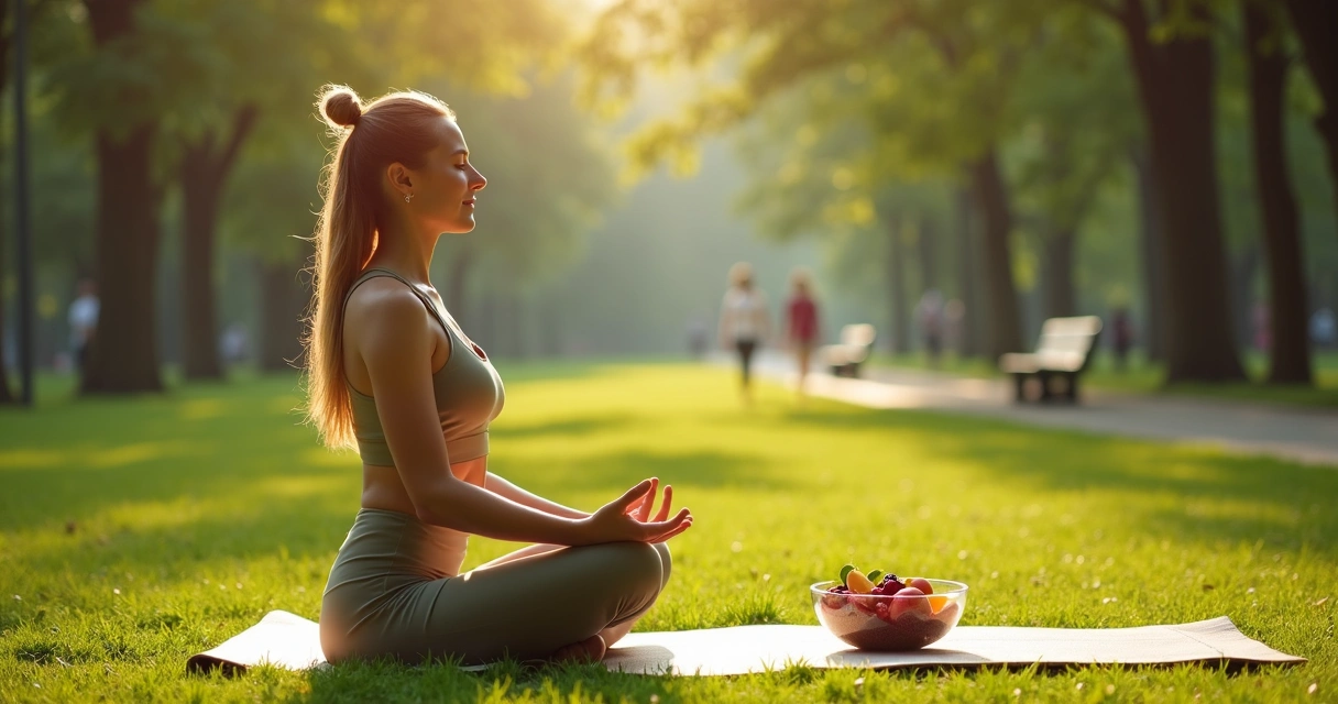 Mulher em tapete de yoga ao ar livre praticando atenção plena sentada com olhos fechados 