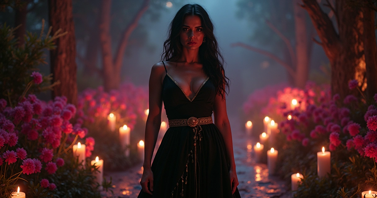 Mulher com vestido preto, cercada de flores dama-da-noite, em ambiente místico e noturno 