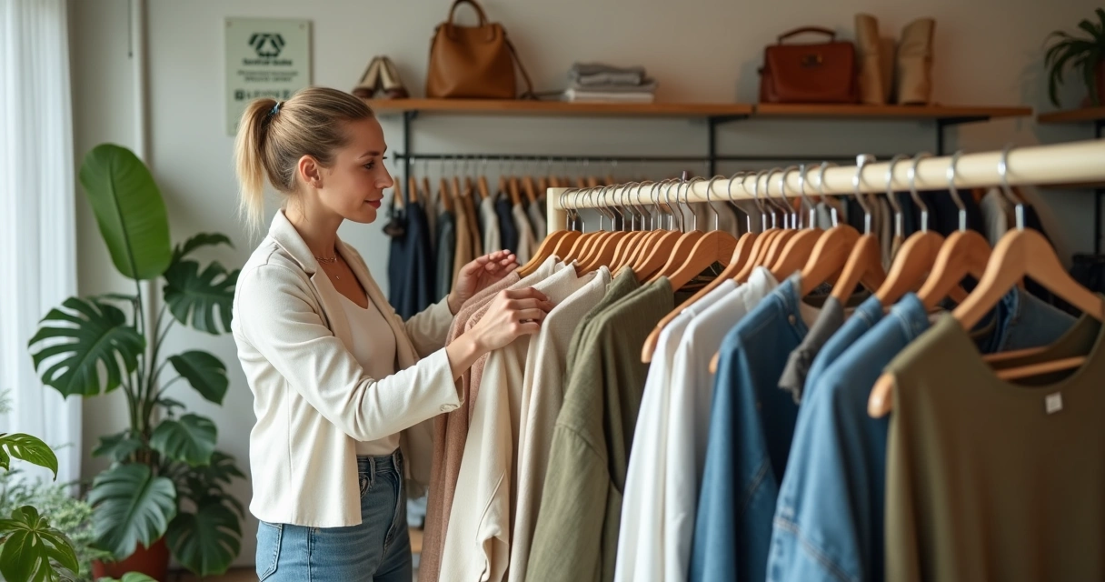 Mulher escolhendo roupas em brechó organizado de moda sustentável 