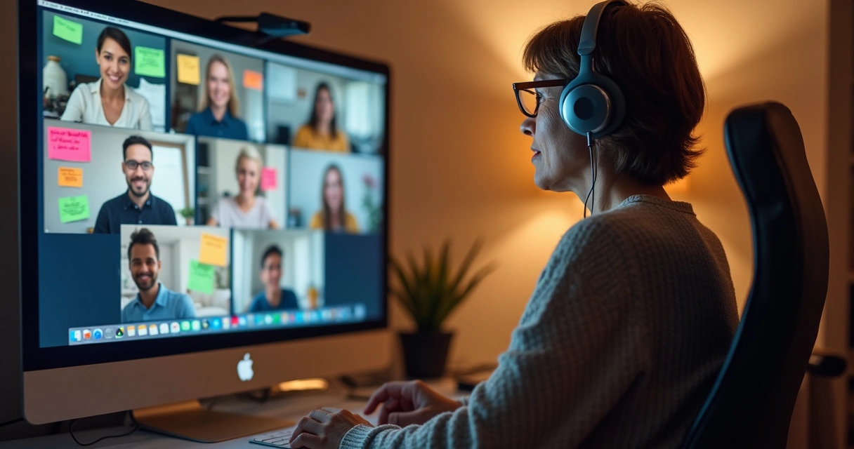 Mulher mediando comunidade virtual em tela de computador com interface de chat 